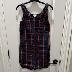 L.L. Bean Navy with Orange Windowpane Plaid Sleeveless Linen Dress